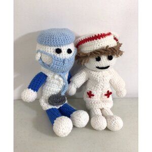 Homemade Crochet Dolls Doctor & Nurse Stands Included